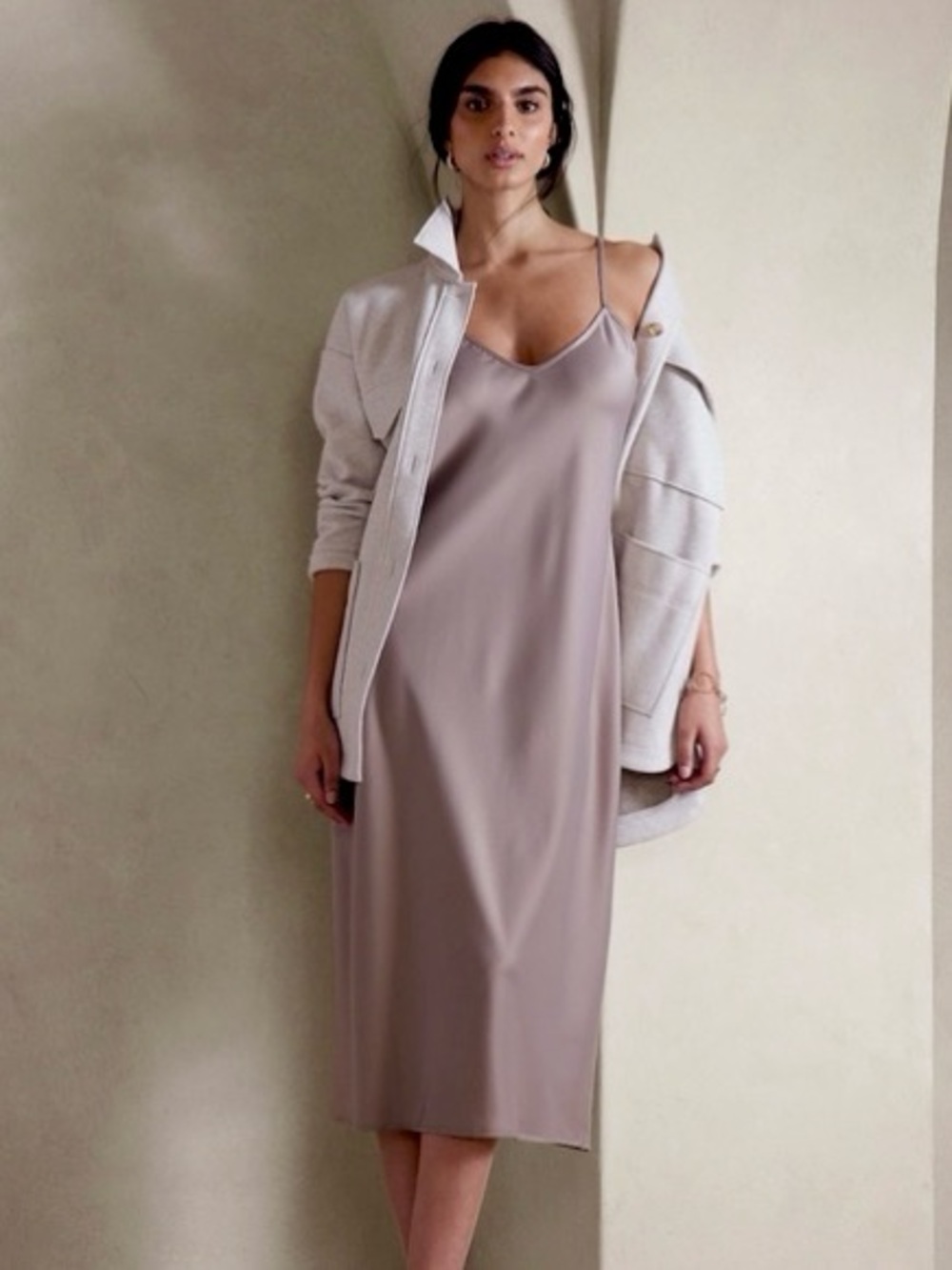 EUC Banana Republic Midi Satin Dress Romantic Shimmery Rare Lilac Gray Violet L